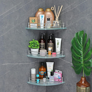 Garbnoire Frosted Glass Corner Shelf|Wall Mount Bathroom Accessories Home Decor Pack of 3 Glass, Stainless Steel Wall Shelf