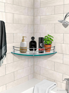 MOTIQO Clear Glass Corner Shelf For Bathroom, Kitchen Bathroom Accessories Pack-01 Glass Wall Shelf