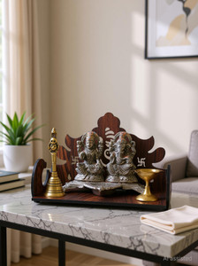 Gojeeva Premium Ganesh Ji Carved Pattern Devghar, Set-Top Box Stand Wooden Mandir Temple Wooden Wall Shelf