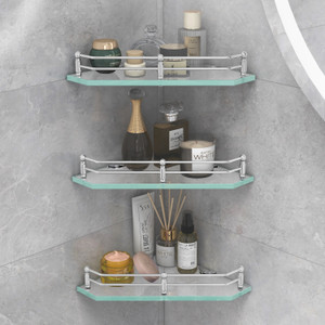 Plantex Premium Diamond Transparent Glass Corner Shelf for Bathroom/Bathroom Accessories(9x9 Inches) Glass Wall Shelf