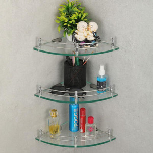 MOTIQO Glass Corner Shelf For Bathroom, Kitchen, Bathroom Accessories, Wall Shelf Round Glass, Stainless Steel Wall Shelf