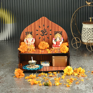 Gojeeva Premium Subh Labh Om Carved Pattern Devghar, Wooden Mandir Temple(DIY) Wooden Wall Shelf