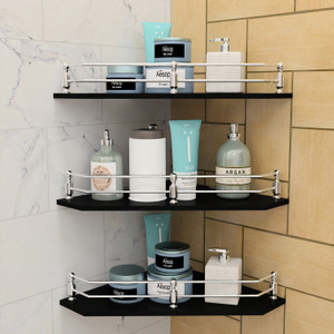 MOTIQO Diamond Black Glass Corner Shelf for Bathroom/Shelf/Glass Rack (9x9 Inch) Glass Wall Shelf