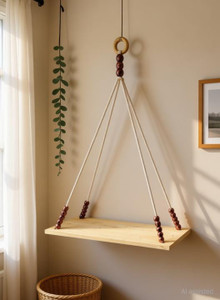 QArt Macrame Wall Hanging Wooden Shelf Floating Rack Shelves for Bedroom Living Room Wooden Wall Shelf
