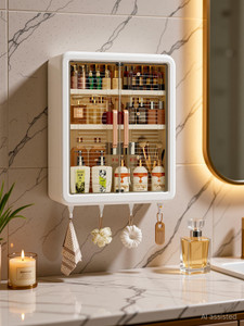 M Y Self-Adhesive Bathroom Storage Cabinet – Multi-Purpose Organizer with Hooks Plastic Wall Shelf