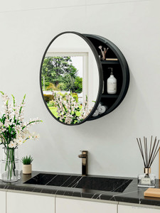 Frap Wall Mounted Round Mirror Cabinet for Bathroom & Kitchen Storage Black Plastic Wall Shelf