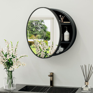 Frap Wall Mounted Round Mirror Cabinet for Bathroom & Kitchen Storage Black Plastic Wall Shelf