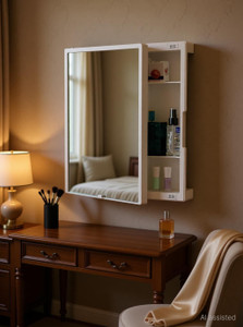 Well Set Strong and Heavy Rich Look Storage Cabinet with Mirror- Ivory Plastic Wall Shelf
