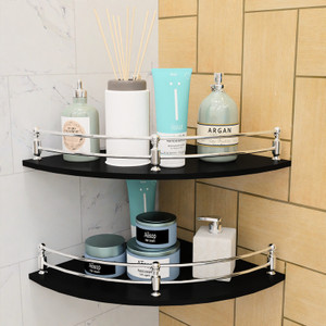 MOTIQO Black Glass Corner Shelf for Bathroom/Kitchen Shelf/Bathroom (9x9 Inch) Glass, Stainless Steel Wall Shelf