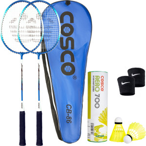 COSCO CB 86 Twin Racket-Hobby adminton Racket And Aero 700 Shuttle Box With Wrist Band Blue Strung Badminton Racquet