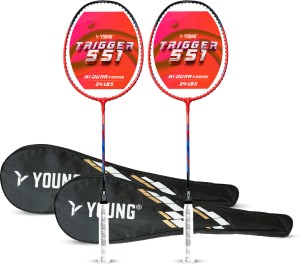 Young Trigger 551 (Power Head, High Durable) Set of 2 Rackets with 2 x Free Full Cover Red, Black Strung Badminton Racquet