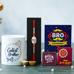 Tonkwalas Designer Rakhi Gift Set For Brother Combo With Roli Chawal Greeting Card- MUG-37 Mauli Thread Mug, Rakhi, Showpiece, Key Ring, Chawal Roli Pack, Greeting Card  Set