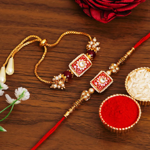 AHOORA Bhaiya Bhabhi RAKHI224@53 Gold Finish Lumba, Chawal Roli Pack, Rakhi  Set