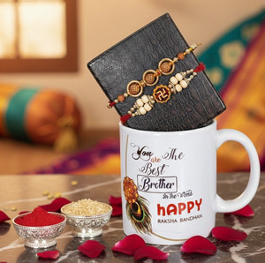 Designer 2 Pic Rakhi Whit Printed Coffee Mug | Premium Bhaiya Rakhi Hamper Mauli Thread Rakhi, Mug Set by Banna Art