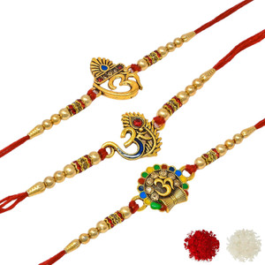 Meira Jewellery Religious Combo-1251 Gold Finish Rakhi, Greeting Card, Chawal Roli Pack  Set