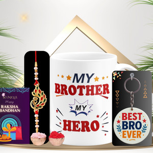 BE UNIQUE Designer HandsomeBrother-Mug/Rakhi Set Gold Finish Mug, Rakhi, Key Ring, Greeting Card, Chawal Roli Pack  Set