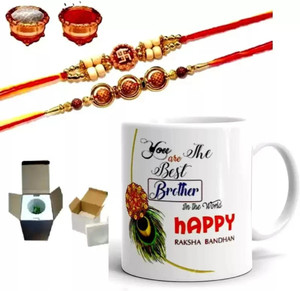RHYTHM GIFT4U Designer Rakhi For Bhaiya & Bhabhi | kundan designer rakhi combo with Mug| Roli tilak pack | Rakhi for brother and bhabhi | Fancy design rakhi | Exculive rakhi | Rakhi for Didi Jiju| Mor Pankh Rakhi 1001 M Mauli Thread Rakhi, Mug Set