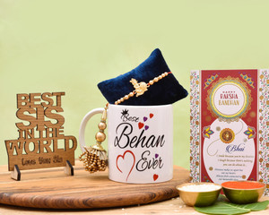 PRIDE STORE Designer "Best Behan Ever" Printed Mug, 2 Unique Rakhis, Showpiece,RakhiCard & Tilak Pack Mauli Thread, Gold Finish, Pearl Rakhi, Mug, Greeting Card, Chawal Roli Pack, Showpiece  Set