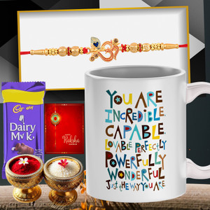 Religious rakhi for brothers with printed mug and chocolate Assorted Rakhi by Poorak