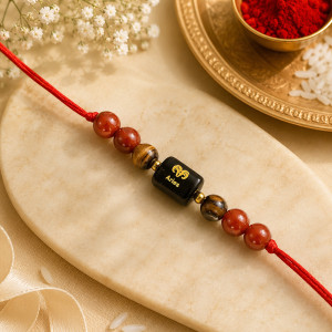 Aries Zodiac with Red Jasper Tiger Eye for Leadership & Positive Energy Mauli Thread Bracelet Set by REIKI CRYSTAL PRODUCTS