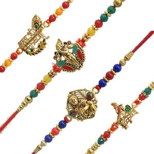 Religious Combo-1263 Gold Finish Rakhi, Greeting Card, Chawal Roli Pack Set by Meira Jewellery