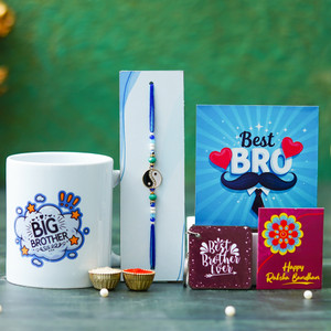 Tonkwalas Designer Rakhi Gift Set For Brother Combo With Roli Chawal Greeting Card- MUG-34 Mauli Thread Mug, Rakhi, Showpiece, Key Ring, Chawal Roli Pack, Greeting Card  Set
