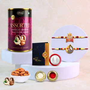 DeoDap Designer Rakhi Combo Gift Set for Brother |Assortment 96Gm|Chocolate|Y22K2_3+A63_AS Assorted Rakhi, Chawal Roli Pack, Greeting Card, Coins  Set