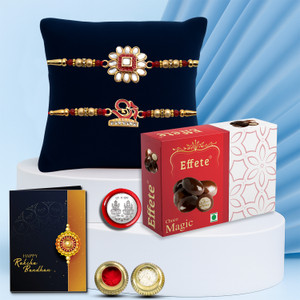 Effete Designer Rakhi Combo with Choco Magic (32gm) | Rakhi for Brother/sister |K2_133+134_EM32 Assorted Rakhi, Chawal Roli Pack, Coins, Greeting Card  Set