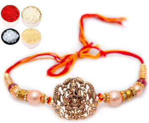 Velour Shoppe Religious Ganpati Bappa Ganesh Ji Rakhi Gold Finish Rakhi, Chawal Roli Pack Set