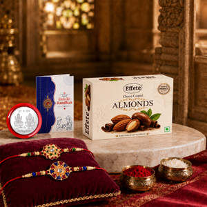 DeoDap Religious Rakhi Combo Gift Set for Brother |Almnond 32 Gm|Chocolate|Y22K2_35+604_CA32 Assorted Rakhi, Greeting Card, Coins, Chawal Roli Pack Set