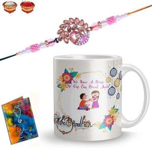 Bracelet E-R-131-TF Gold Finish Rakhi, Mug, Greeting Card, Chawal Roli Pack Set by Plakasha creations