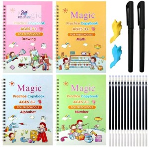Sank Magic Practice Copybook (4 BOOKS,2 PEN,2 GRIP,10 REFILL), Number Tracing Book For Preschoolers With Pen, Magic Calligraphy Copybook Set Practical Reusable Writing Tool Simple Hand Lettering