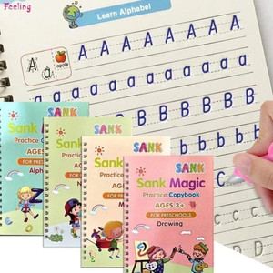 Mega Style Magic Practice Copybook For Kids - Handwriting Practice For Kids, Reusable Children's Calligraphy Letter Tracing - Early Education Writing Practice Book - Sank Letters (4 Books With Pens)