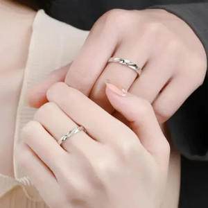 MASHBA Pack Of 2 Silver plated Valentine Adjustable CZ Ring Set For Couples Stainless Steel Cubic Zirconia Silver Plated Ring Set
