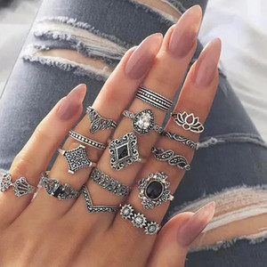Vembley Vembley Oxidised 15 Pcs Vintage Floral Designs Ring Set For Women & Girls Brass Silver Plated Ring Set