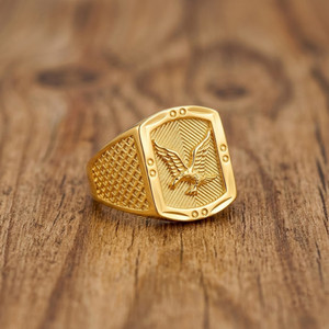 Saizen Gold-Plated Brass Eagle Emblem Ring for Men and Boys Stainless Steel Gold Plated Ring