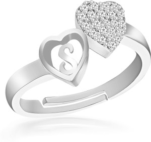 Herway Jewellery Stylish Fancy Party Wear Heart Shape Alphabet Letter Initial S Rings for girls women girlfriend Men Boys Couple American diamond Adjustable Free size Valentine Gifts Love Ring Copper Cubic Zirconia Silver, Platinum Plated Ring