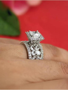 JUERI Delicate Premium American Diamonds Adjustable Brass Cubic Zirconia Silver Plated Ring