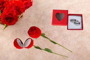 THE CLICK INDIA Valentine Day Gift Couple Ring With Beautiful Red Rose Box Alloy Cubic Zirconia Platinum Plated Ring Set Metal Platinum Plated Ring Set