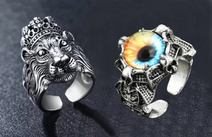 Syfer Lion Ring & Evil Eye Ring for Women & Men, Club/Party/Biker/Office Ring-COMBO Stainless Steel Silver Plated Ring
