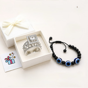 Giftoshifto Princess American Diamond adjustable ring with evil eye bracelet combo pack Alloy Cubic Zirconia Silver Plated Ring