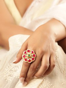 RUBANS 22K Gold plated Kemp & Kundan studded pearl beaded Floral motif ring Brass Gold Plated Ring