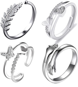 Thrillz Silver Ring For Women Heart AD Butterfly Hug Silver Ring For Girls Combo of 4 Stainless Steel Cubic Zirconia Sterling Silver Plated Ring Set