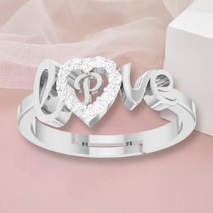 Kanak Jewels Love Collection letter P American Diamond Adjustable Valentine Heart Silver Initial for Women Girls Girlfriend Men Boys Couples Lovers Design Silver plated Ring Brass Cubic Zirconia Silver Plated Ring