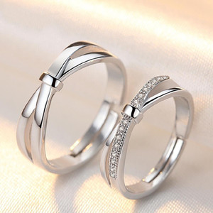De-Ultimate King And Queen Adjustable Opening Bow Knot With Nug Stone Couple Finger Rings Stainless Steel Silver Plated Ring Set
