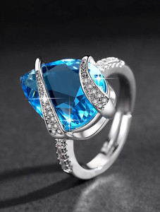 MYKI Gorgeous Ocean Blue Diamond Adjustable Rings For Women & Girls Stainless Steel Crystal Sterling Silver Plated Ring
