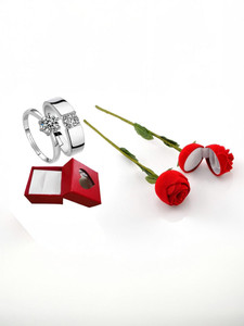 SILVERISH Valentine Day Gift Couple Ring With Beautiful Red Rose Box (1 Rose Box, 1 Pair Rings) Alloy Cubic Zirconia Platinum Plated Ring Set