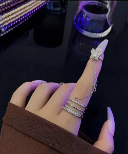 AKISON JEWELS Butterfly Chain Ring For Women Girls Korean Ring Western Ring fashion party Alloy Diamond, Swarovski Crystal, Swarovski Zirconia, Cubic Zirconia Silver Plated Ring Set