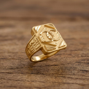 Saizen Bold Hex-Emblem Tribal Chillai Engraved Gold-Plated Warrior Ring for Men & Boys Brass Gold Plated Ring