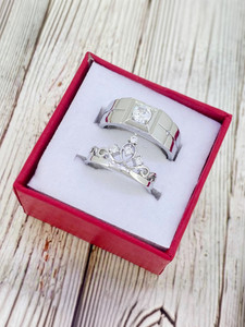 Devora King & Queen lovers valentine couple Adjustable propose for girlfriend Stainless Steel Zircon Sterling Silver Plated Ring Set